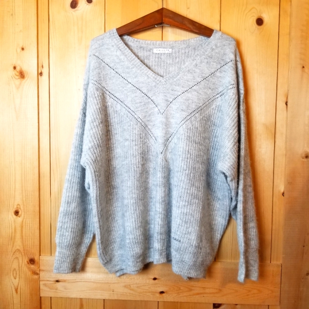 Calista Oversized V-Neck Pointelle Stitch Pull-On Sweater NWOT